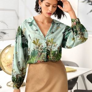 Landscape Print Lapel Collar Blouse
